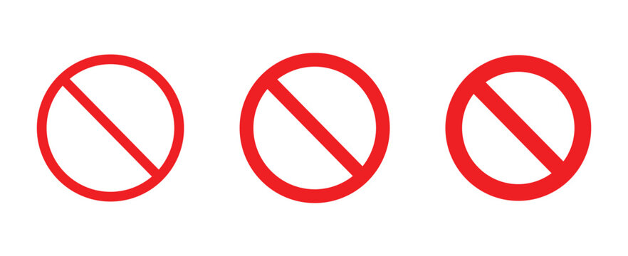 Prohibited sign icon set. Prohibited symbol vector icon set featuring red prohibition circles with diagonal slash lines in varying stroke weights.