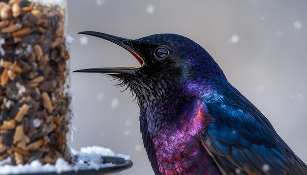A stunning iridescent purple and blue starling with an open beak perches beside a snowy bird feeder during a gentle snowfall.