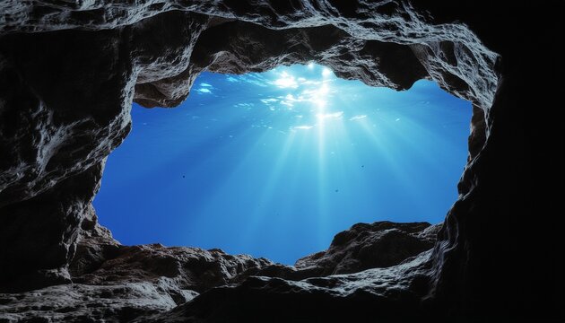 Underwater view from inside a deep sea cave with bright sunlight rays piercing the water