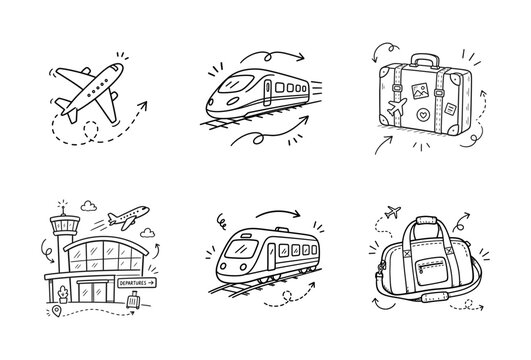 Travel and transportation hand drawn doodle icons set featuring airplane train airport and luggage.