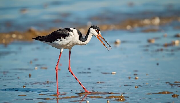 A black and white stilt bird with vibrant red legs walks through shallow water.