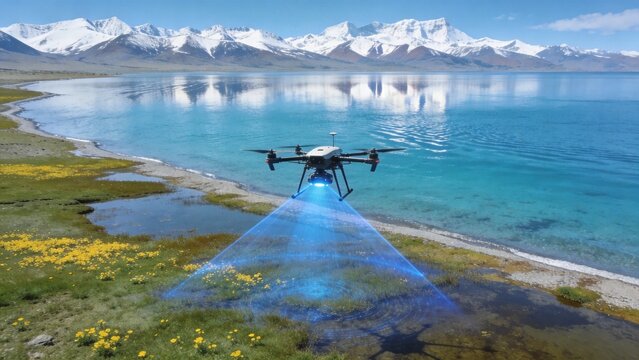 Drone Surveying Pristine Lake: An advanced drone hovers over a serene lake with snow-capped mountains in the background, capturing data with a projected scanning beam.
