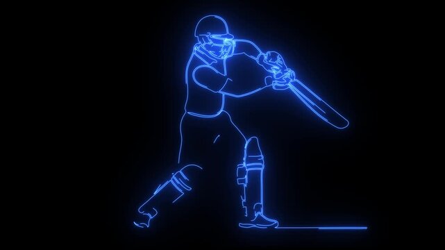 Continuous glowing blue line art animation of a cricket batsman playing a powerful pull shot.