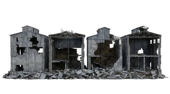 Conjunto de edificios industriales en ruinas con paredes derrumbadas y escombros, estructura de hormig&oacute;n abandonada aislada sobre fondo blanco para dise&ntilde;o arquitect&oacute;nico y composici&oacute;n digital.