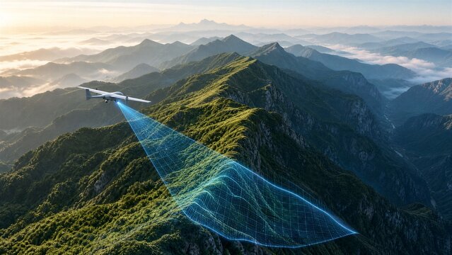 Drone Surveying Mountain Landscape: A drone flies over a lush green mountain range, scanning the terrain with a digital overlay of data.