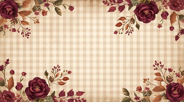 distressed plum-noir and antique-cream gingham background overlaid with tiny sprays of burgundy roses, rust leaves and dried autumn flowers.