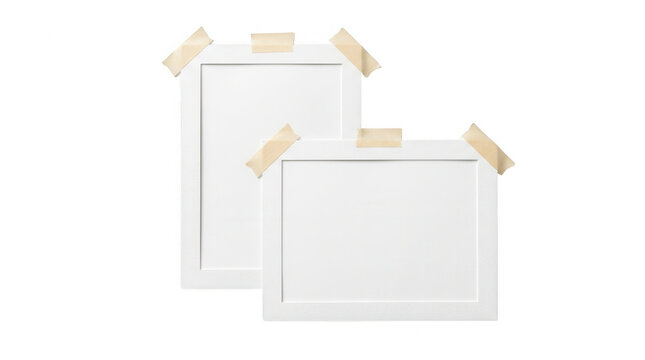 Dos marcos de fotos blancos vac&iacute;os de diferentes orientaciones fijados con cinta adhesiva sobre un fondo blanco limpio, ideal para maquetas de dise&ntilde;o, exhibici&oacute;n de arte o presentaciones de proyectos.