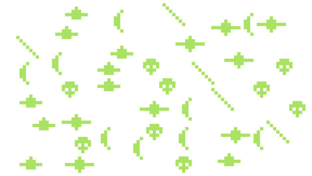 Green Pixel Art Retro Arcade Game Assets and Space Alien Icons on White Background