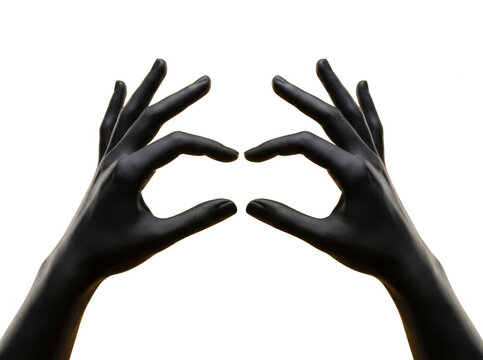 Dos manos humanas pintadas de negro formando un gesto circular con los dedos sobre un fondo blanco puro, capturadas en una composici&oacute;n sim&eacute;trica ideal para conceptos creativos y dise&ntilde;o publicitario.