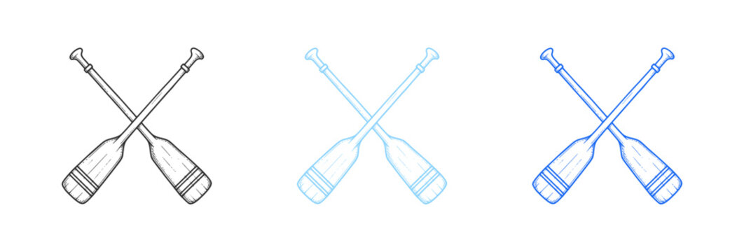 Set of three crossed boat oars icons in black light blue and dark blue line art.