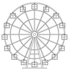 Fototapeta premium Dibujo lineal en blanco y negro de una noria de parque de atracciones con cabinas detalladas, ilustración vectorial aislada sobre fondo blanco.