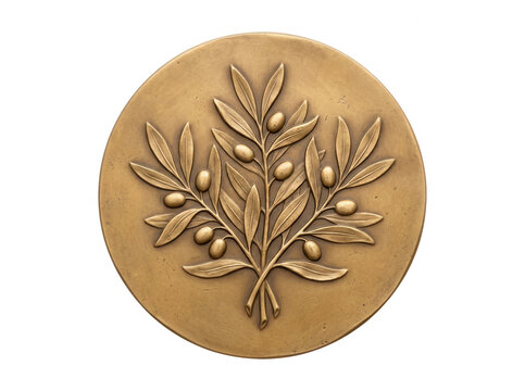Medalla redonda de bronce con un relieve detallado de ramas de olivo con frutos, s&iacute;mbolo cl&aacute;sico de paz y victoria, aislada sobre fondo blanco, ideal para dise&ntilde;o gr&aacute;fico, premios o emblemas