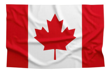Obraz premium Bandera oficial de Canadá con su distintiva hoja de arce roja central sobre un fondo blanco y franjas laterales rojas, presentada con pliegues naturales y textura de tela sobre un fondo blanco puro.