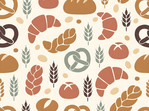 Seamless bakery pattern with fresh bread pretzels croissants and wheat ears pretzels design croissants illustration food pattern seamless background repeating pattern wheat ear
