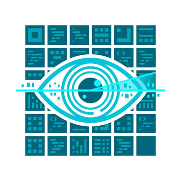 Cybernetic eye scan over digital code grid background