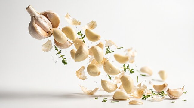 Flying fresh peeled garlic cloves and whole bulb with aromatic green herbs levitating on clean white background