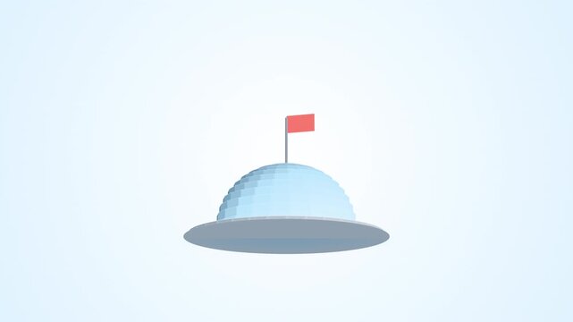 seamless 360-degree rotation of a 3D Eskimo ice igloo with a small waving flag on top, set on a pristine white background. 