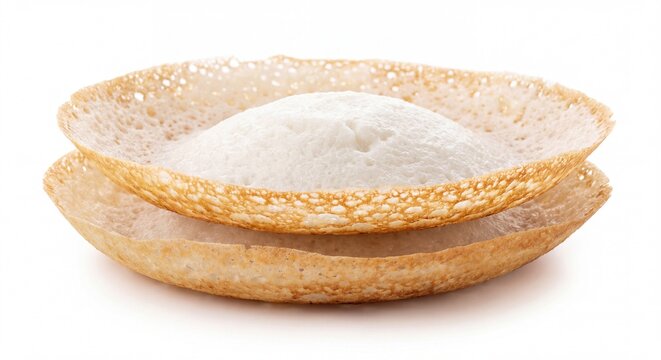 Two crispy golden brown appam pancakes stacked on a clean white background for culinary display.