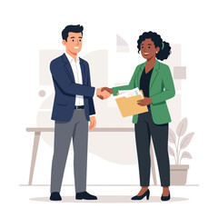 Fototapeta premium Business partners shaking hands, closing a deal, modern flat illustration with diverse professionals in an office setting.