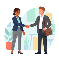 Fototapeta premium Business professionals, a man and a woman, shaking hands in agreement and partnership in an office setting.