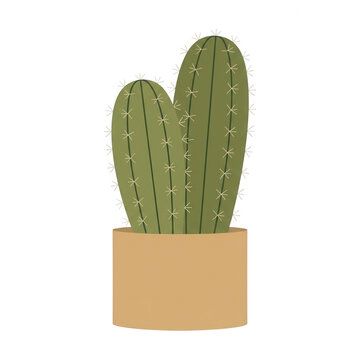 Ilustraci&oacute;n vectorial plana de un cactus verde con dos tallos cil&iacute;ndricos y espinas peque&ntilde;as, plantado en una maceta de cer&aacute;mica de color beige, ideal para dise&ntilde;o gr&aacute;fico, decoraci&oacute;n o proyectos
