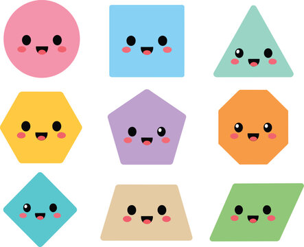 Colorful geometric shapes with cute cartoon faces and expressions