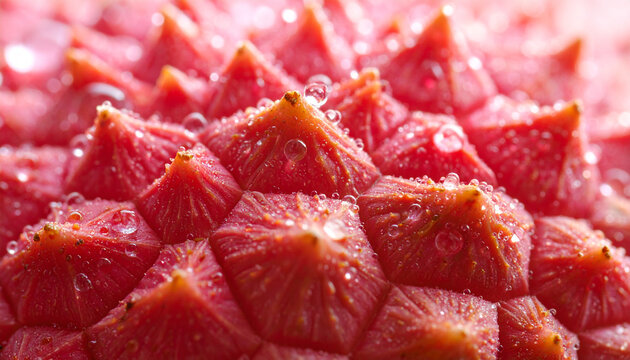 Extreme macro shot of red lychee fruit skin with fresh water droplets texture