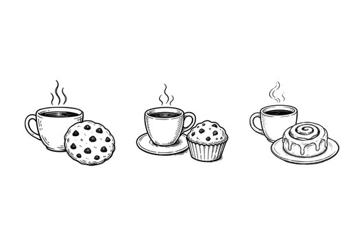 Hand drawn coffee cups with assorted bakery treats including cookie muffin and cinnamon roll.