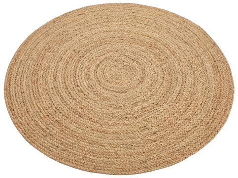 Una alfombra redonda de yute natural con una textura tejida en espiral, presentada sobre un fondo blanco limpio, ideal para decoraci&oacute;n de interiores minimalista, estilo bohemio o dise&ntilde;o de hogar