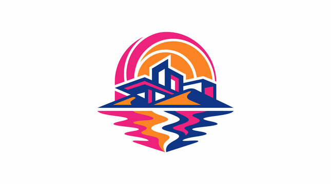 Colorful sunset reflection over calm desert water with abstract logo
