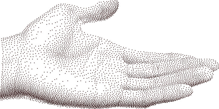 Open palm human hand in halftone texture. Dotted pop art style collage elements for mixed media. Vintage punk grunge vector.