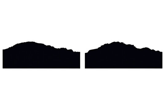 Siluetas negras de cadenas monta&ntilde;osas aisladas sobre fondo blanco, conjunto de dos perfiles de monta&ntilde;as irregulares para dise&ntilde;o gr&aacute;fico, elementos de paisaje natural minimalista en estilo vector.