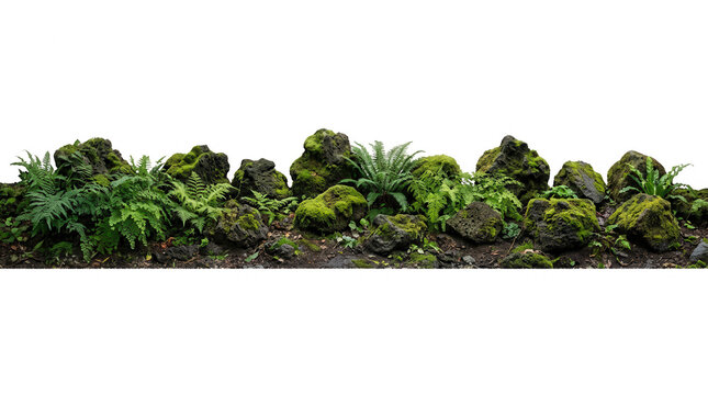 Composici&oacute;n horizontal de rocas volc&aacute;nicas cubiertas de musgo verde y helechos frescos aislados sobre un fondo blanco, ideal para dise&ntilde;o de jardines, paisajismo natural y elementos decorativos de