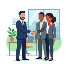 Fototapeta premium Diverse Business People Shaking Hands in Modern Office Setting, Representing Partnership and Agreement