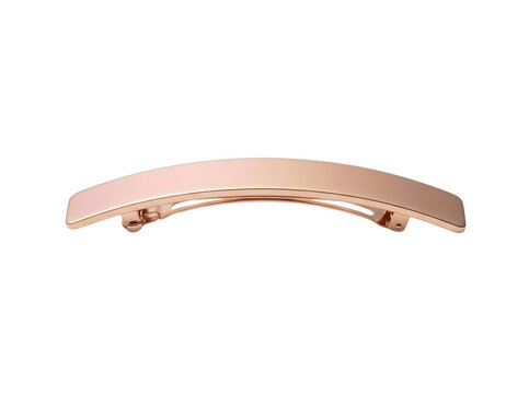 Un elegante pasador para el cabello de color oro rosa con un dise&ntilde;o curvo minimalista y acabado met&aacute;lico brillante, fotografiado sobre un fondo blanco puro para resaltar su forma sofisticada y