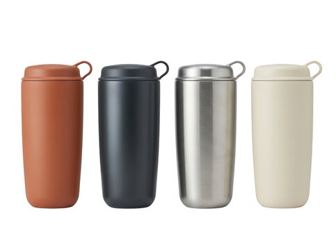 Cuatro botellas de agua reutilizables de acero inoxidable con tapa de asa, presentadas en colores terracota, negro, met&aacute;lico y crema, aisladas sobre un fondo blanco puro para publicidad de estilo de