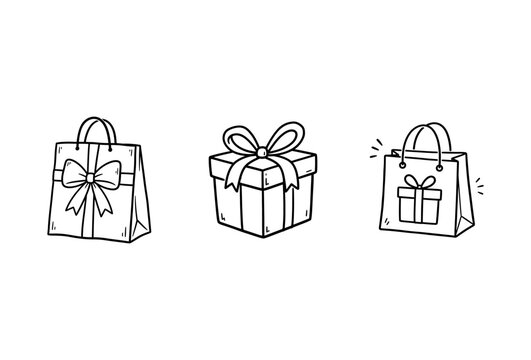 Hand drawn doodle set of shopping bags and gift box with ribbons and bows.