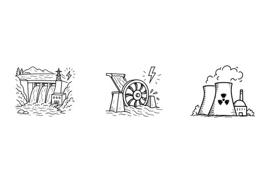 Hand drawn sketches of renewable and non renewable energy sources including hydroelectric dam wind turbine and nuclear power plant.