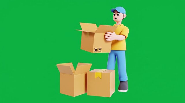 Delivery worker unpacking cardboard boxes 3D animated character on green screen chroma key background