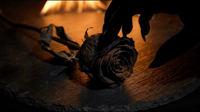 Spooky halloween scene with a creepy black hand gently touching a dry withered rose flower near a warm fireplace in dark mystical atmosphere