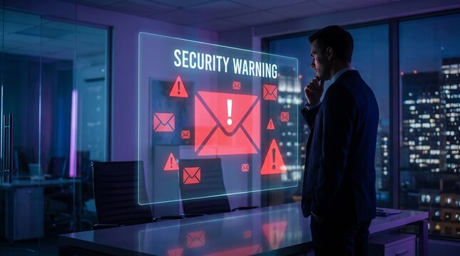 A contemplative man in a suit examines a holographic security warning in a modern office at night.