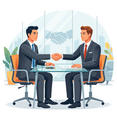 Obraz premium Businessmen shaking hands over a deal in modern office, vector illustration.