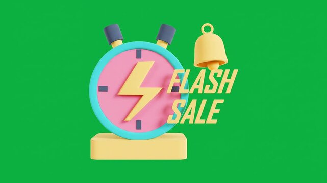 Flash sale countdown timer 3D animation concept with lightning bolt icon on vibrant green background for ecommerce promotion