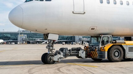 Fototapeta premium Yellow airport tug vehicle connected to front landing gear of large passenger airplane.
