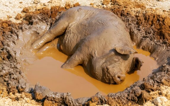 Peaceful Mud Covered Pig Resting in a Shallow Muddy Puddle Under Bright Natural Sunlight