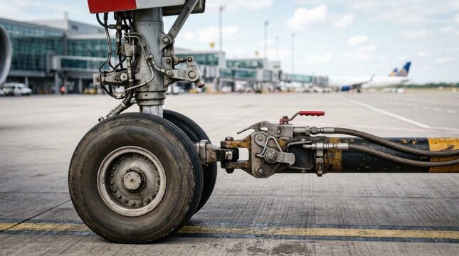 Close up of airplane nose gear and tow bar connected to airport tug for aircraft movement.