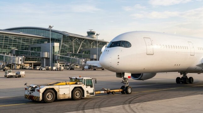 White airplane and airport tug vehicle on tarmac in front of terminal.