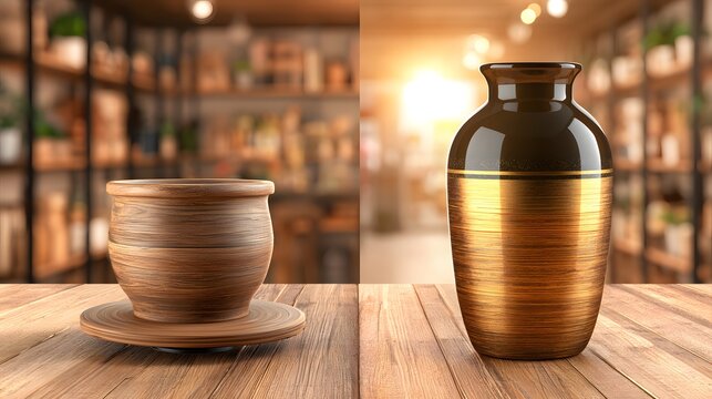 Rustic ceramic vase and cup on a wooden table inside a cozy shop with rustic pottery craft shop handmade crafts pottery store brown vase tabletop decor interior display interior handmade