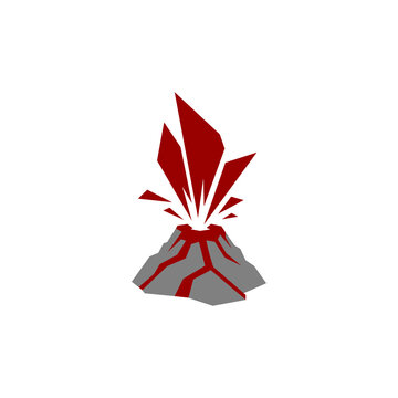 A flat, minimalist vector logo featuring an erupting volcano with a grey rocky mountain base, red glowing lava cracks flowing down the sides, and jagged shards or geometric splashes of dark red erupti