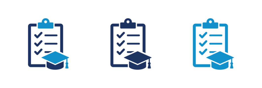 Educational clipboard icons with graduation cap and checkmarks for academic progress tracking.